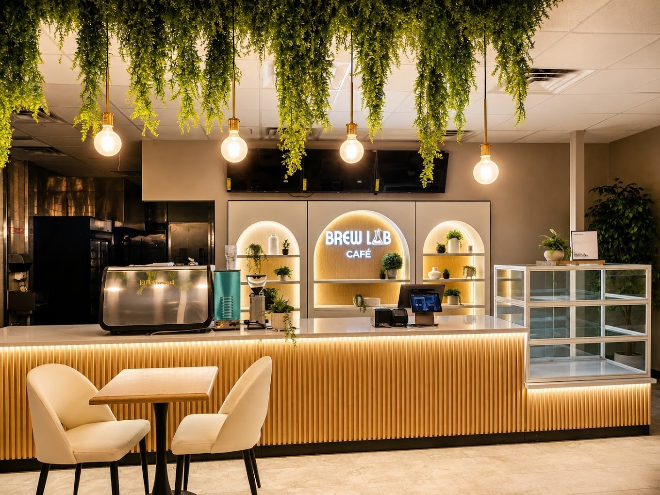 Inside Brew Lab Café: a gold fluted counter, arched backlit niches, greenery, and cream seating