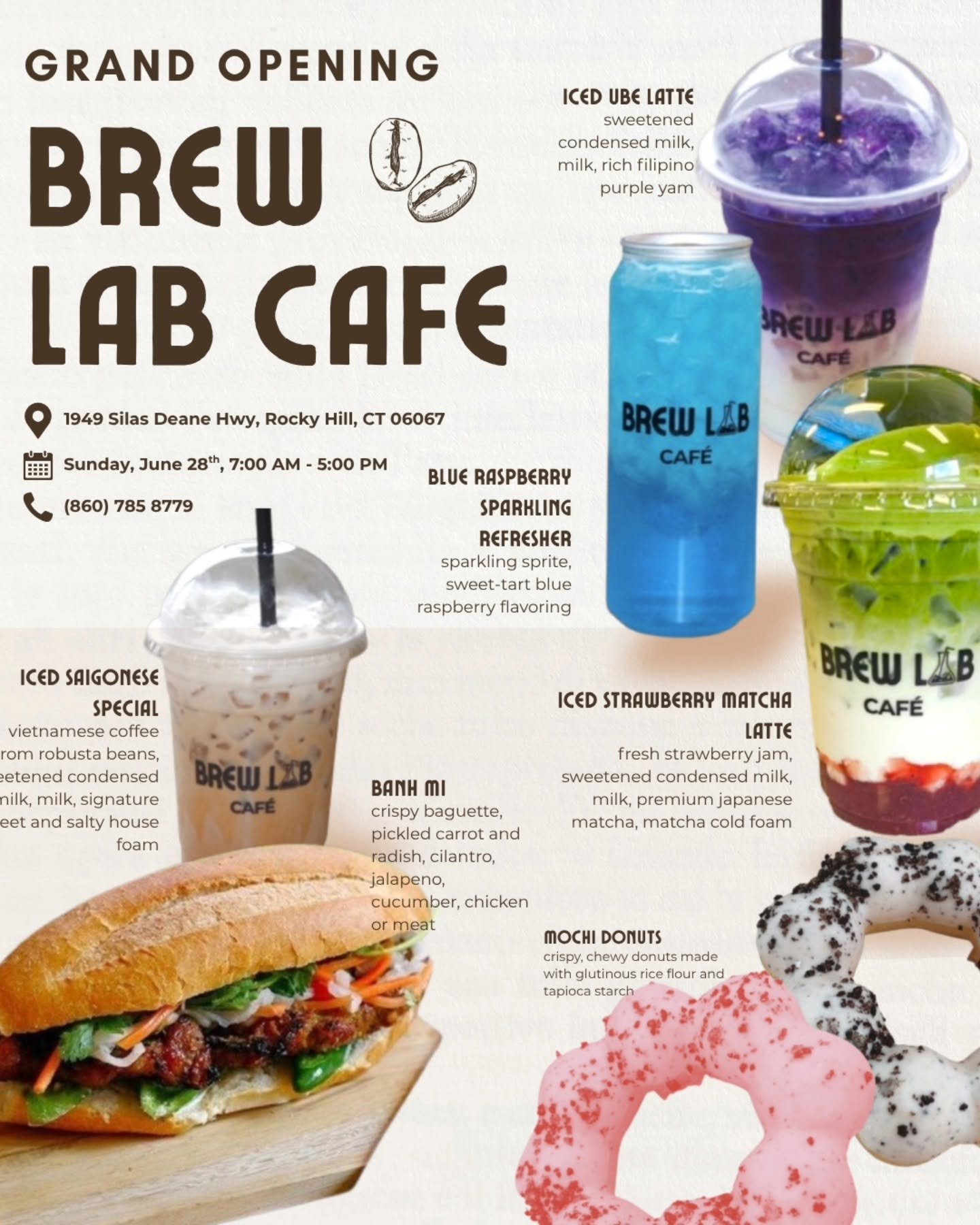 Brew Lab Café signature drinks and bánh mì from the grand-opening flyer